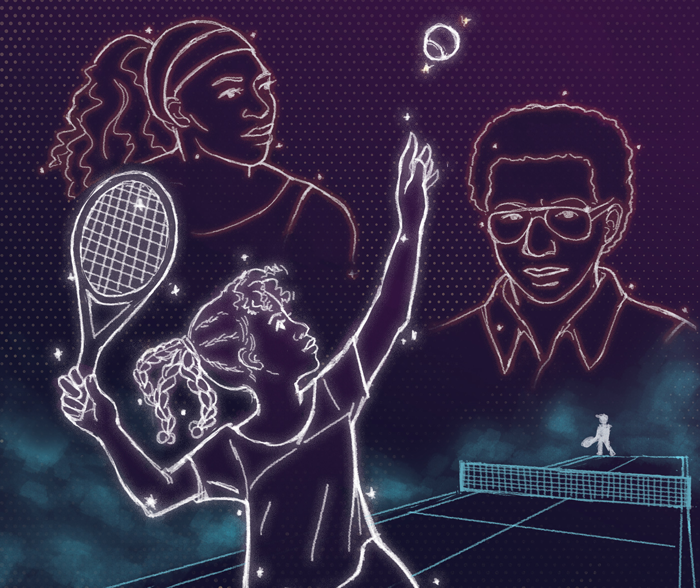 Illustration of a young, black girl stylized as a constellation, with Serena Williams and Artur Ashe in the background.