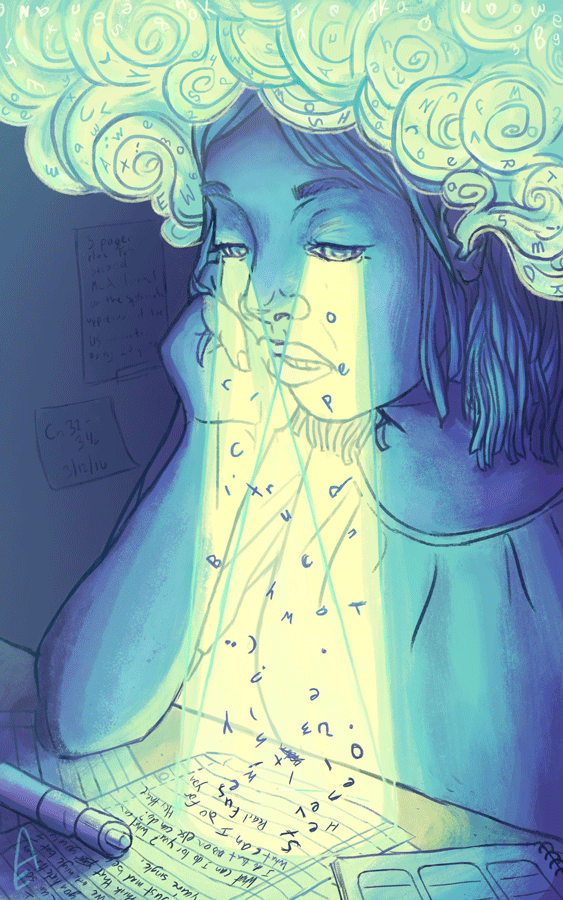 Blue and yellowish illustration of girl studying. Words are rising from papers on the desk up to her eyes, and float like smoke from her ears.